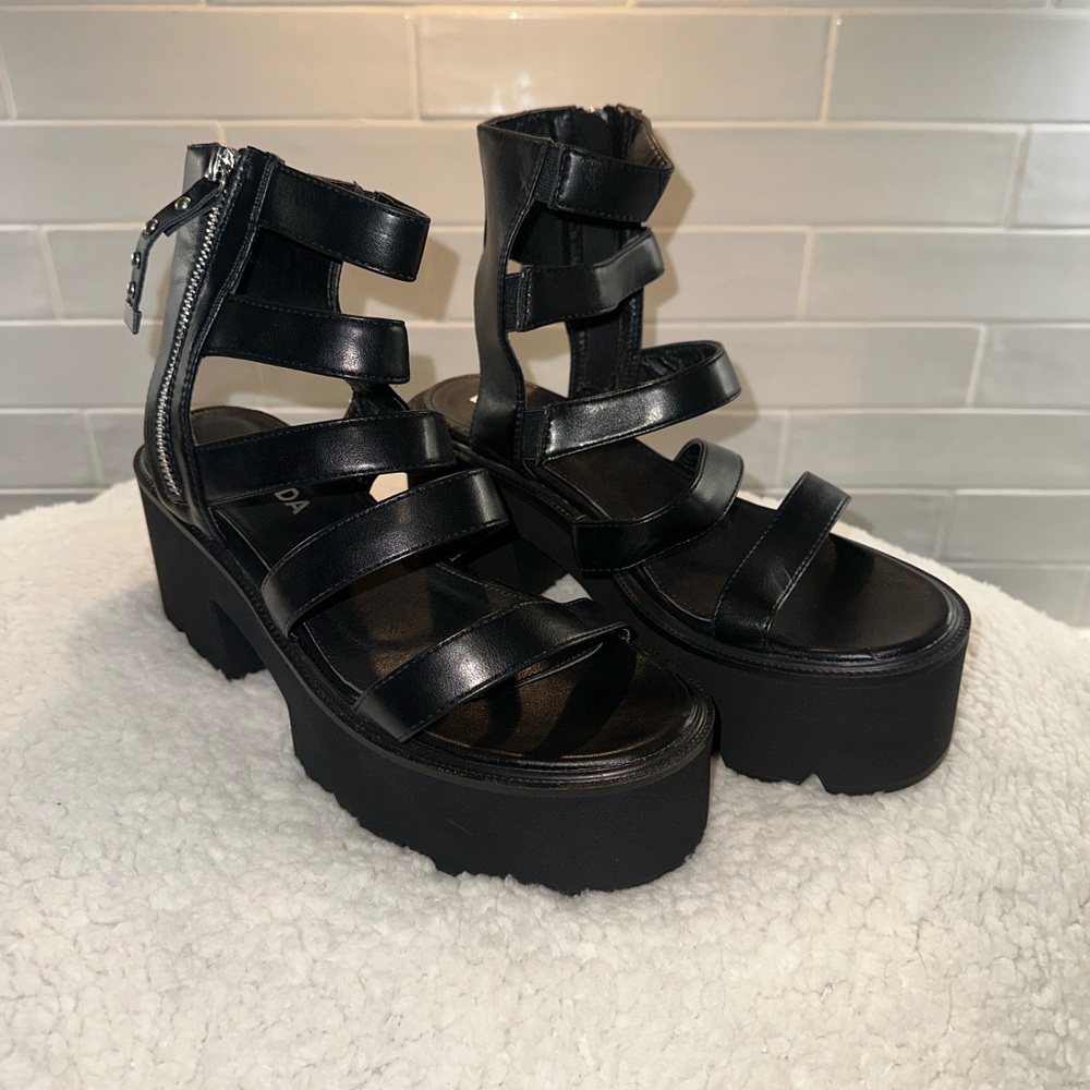 •SOLD• Midnight Scrapped Elevators Platform Sandals